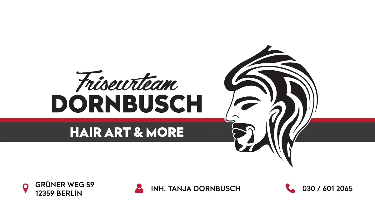Vorderseite der Bonuskarte: Schriftzug Friseurteam Dornbusch, das gezeichnete Profil mit Tolle und Bart, darunter Anschrift und Rufnummer.