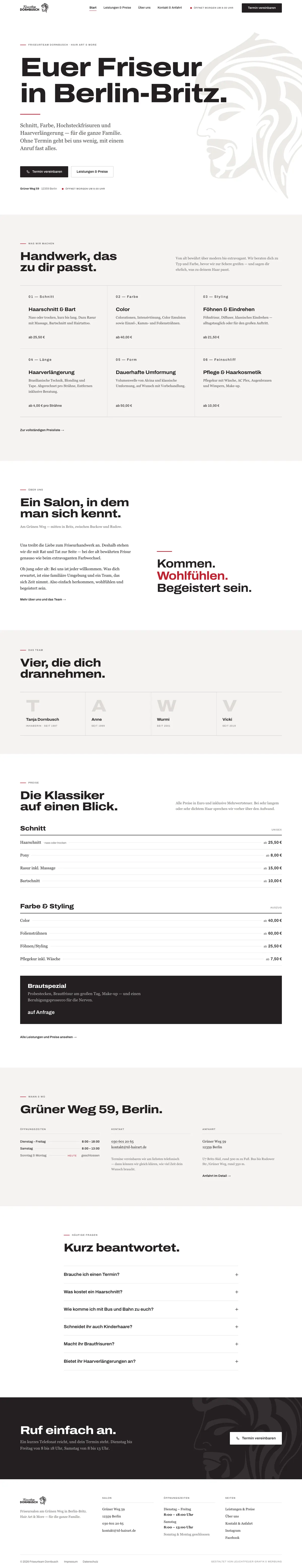 Die Startseite von friseurteam-dornbusch.de über die volle Länge: Kopfzeile mit Wortbildmarke und Löwenkopf, die Überschrift „Euer Friseur in Berlin-Britz“, darunter Leistungen, Preise, Team, häufige Fragen und der Fußbereich mit Anschrift und Öffnungszeiten.