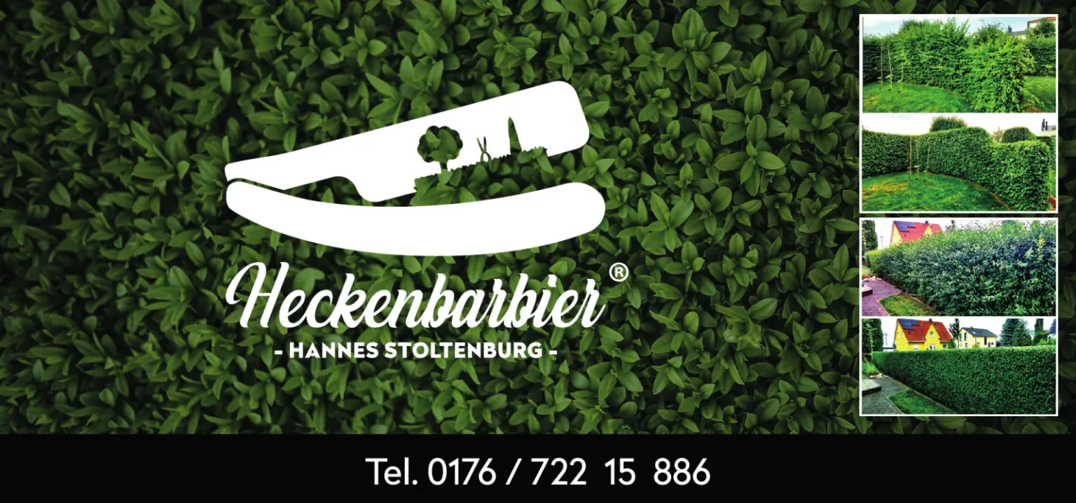 Vorderseite des Heckenbarbier-Flyers: die Wortbildmarke auf einer Heckenwand, daneben vier Arbeitsbeispiele.
