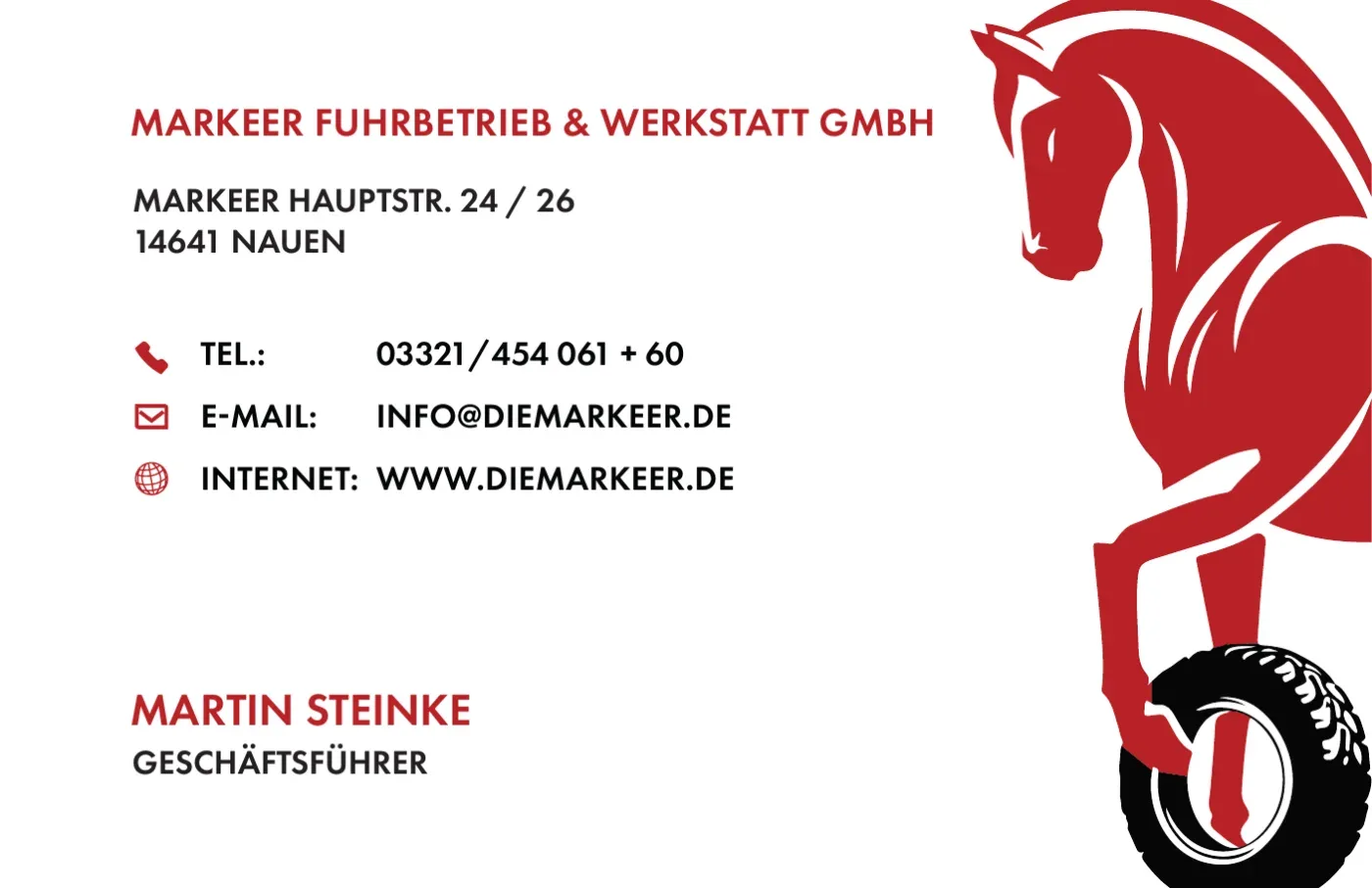 Vorderseite der Visitenkarte: Anschrift und Kontaktdaten in Schwarz, rechts das Pferd der Marke, das über den Rand hinausläuft.